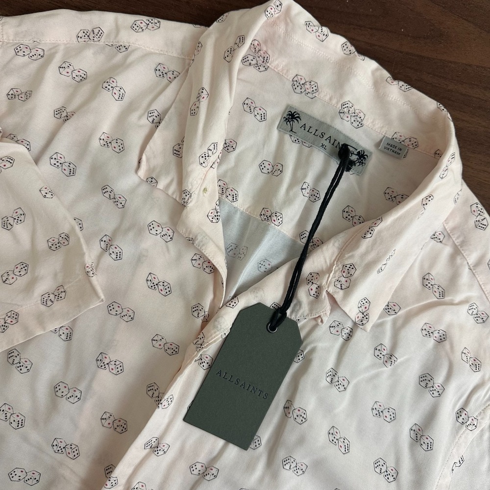 AllSaints Snakeyes Shirt Mens XL Ecru Dice Viscose Short Sleeve Button Front